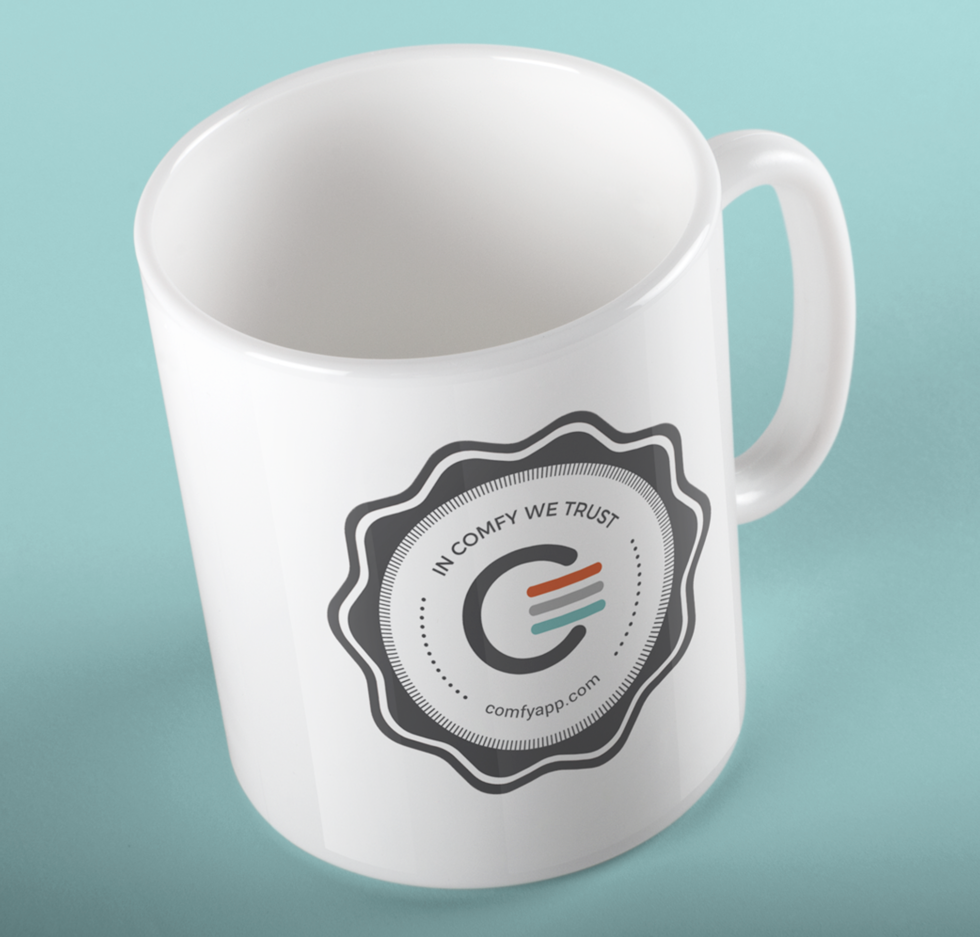In Comfy We Trust mug with Comfy app logo