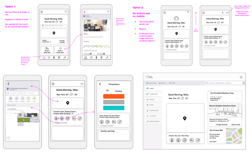Google Slides wireframes showing nav options for Comfy app