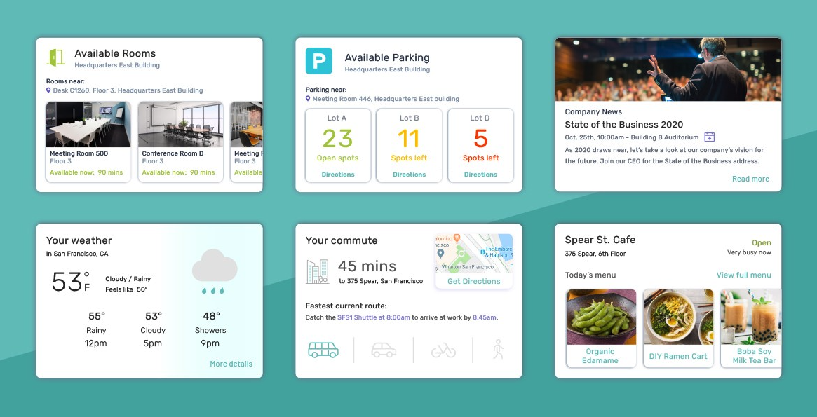 Comfy modular card system showing rooms, parking, weather and commute cards