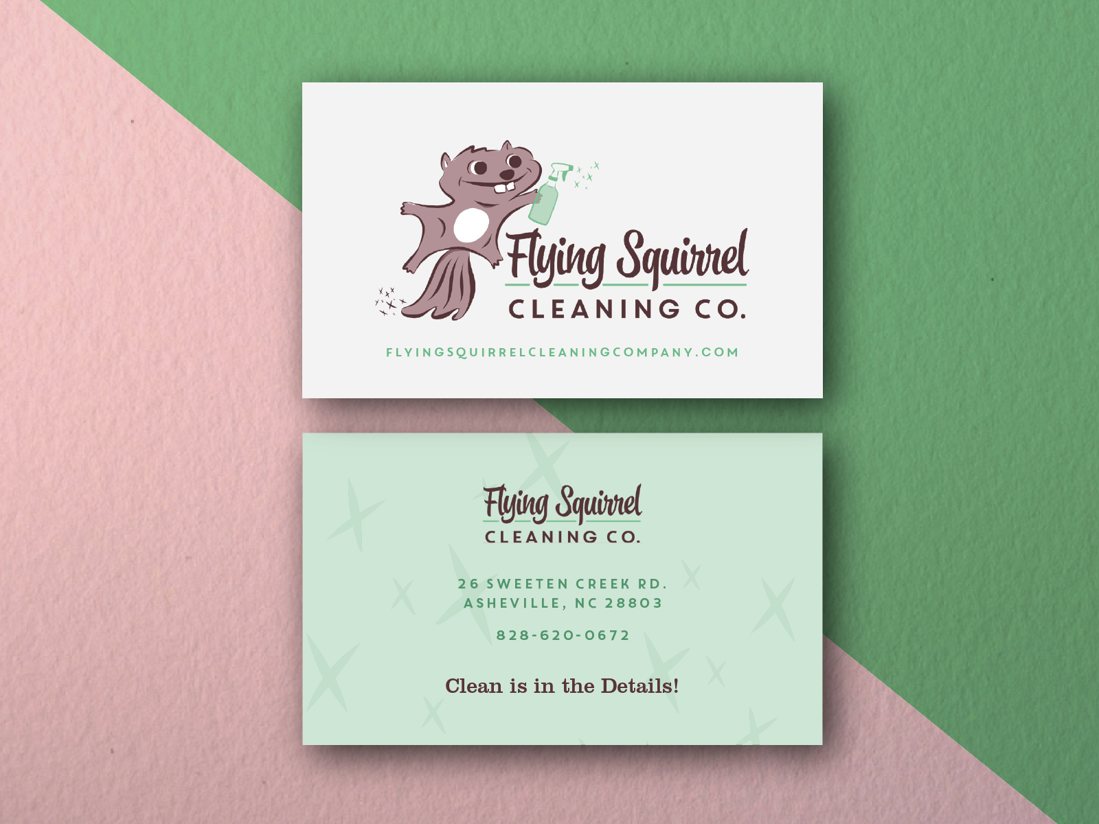 Flying Squirrel Cleaning Co. business card front and back