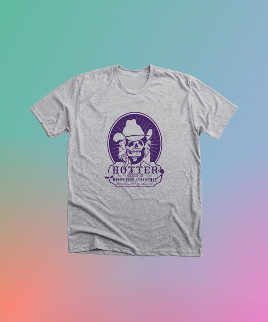 Hotter than a Hoochie Coochie grey t-shirt with purple skull design