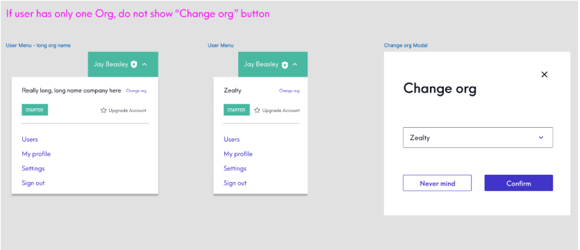 Org switcher UI design showing user menu and change org modal