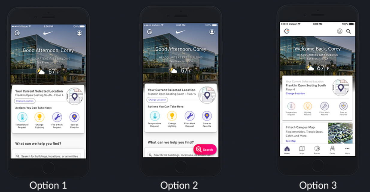 Three prototype options shown on iPhone mockups